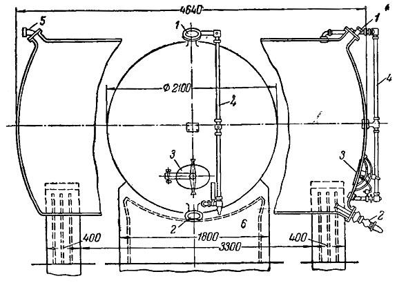 Рис. 8. Цилиндрический горизонтальный металлический резервуар: 1 - наливной штуцер; 2 - спускной кран; 3 - люк; 4 - виномерное стекло; 5 - воздушный кран; 6 - бетонное ложе