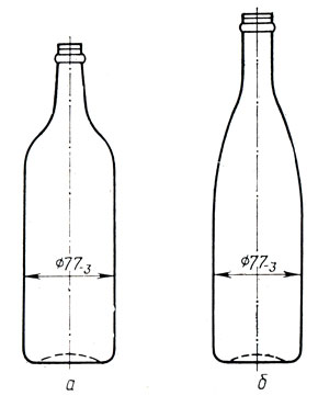 Рис. 33. Типы бутылок: а - тип I с плечиками ('Бордосская'); б - тип II без плечиков ('Рейнская')