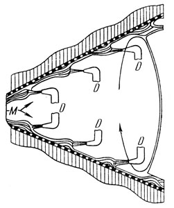 Рис. 45. Схема разделительного процесса на ситовом барабане